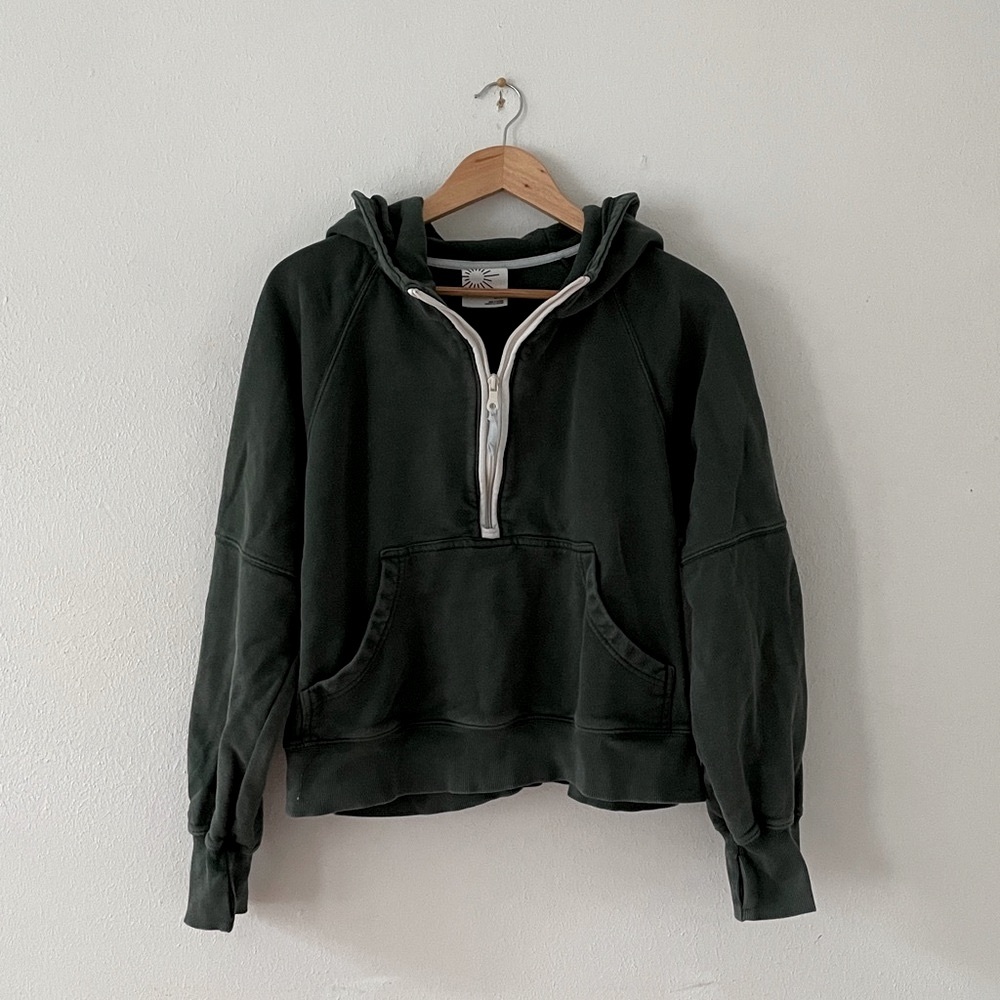 aerie Offline Hoodie Sweatshirt Half Zip Crop Washed Look Green